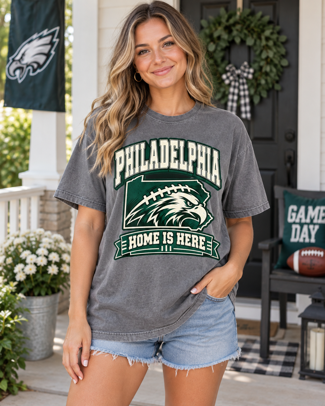 Philadelphia Home Is Here Comfort Colors football T-shirt mockup 1