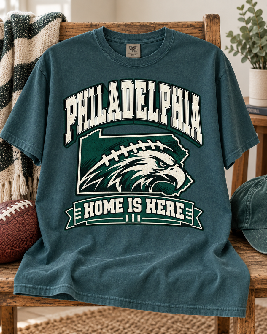 Philadelphia Home Is Here Comfort Colors football T-shirt mockup 5