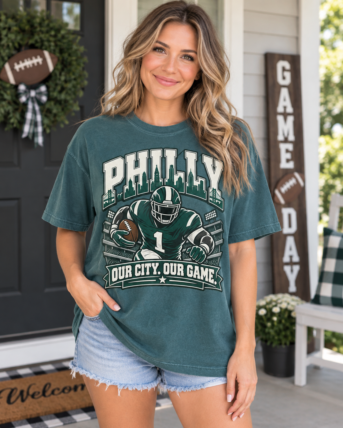 Philly Our City Our Game Vintage Comfort Colors football T-shirt mockup 1