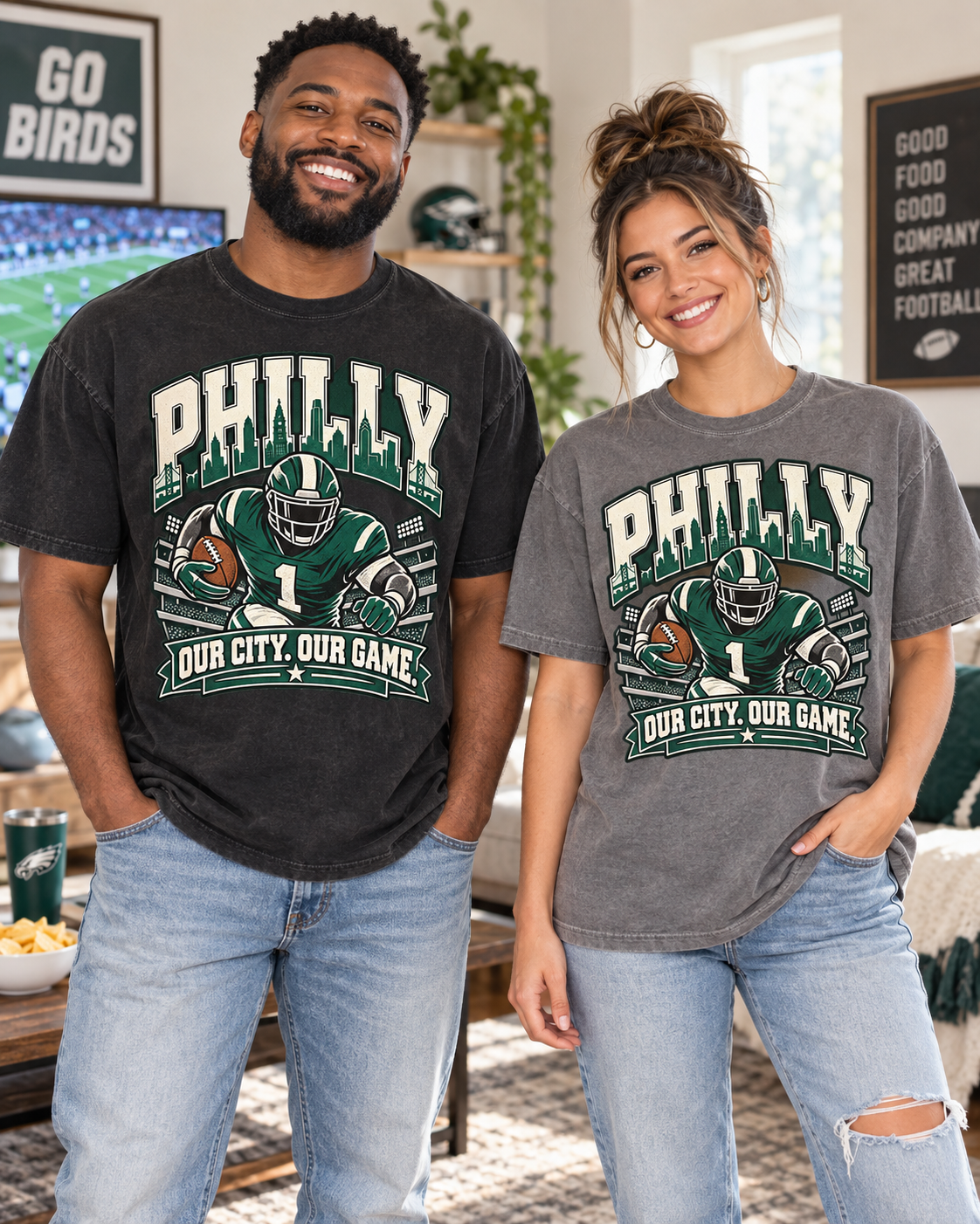 Philly Our City Our Game Vintage Comfort Colors football T-shirt mockup 2