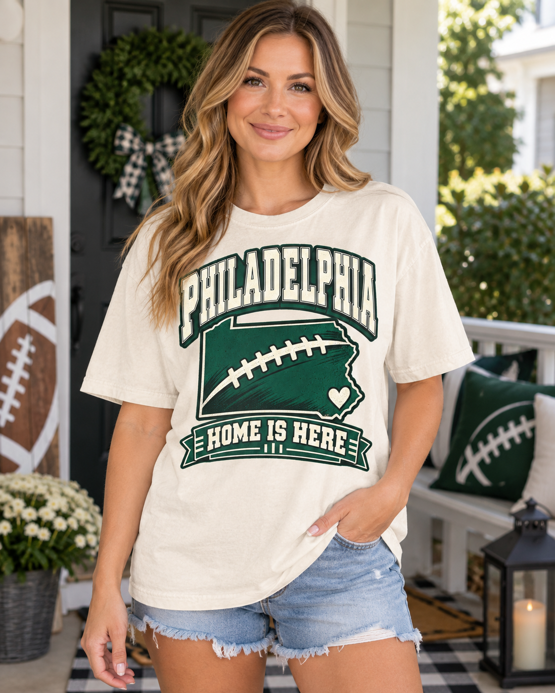 Philadelphia Home Is Here Vintage Comfort Colors football T-shirt mockup 1