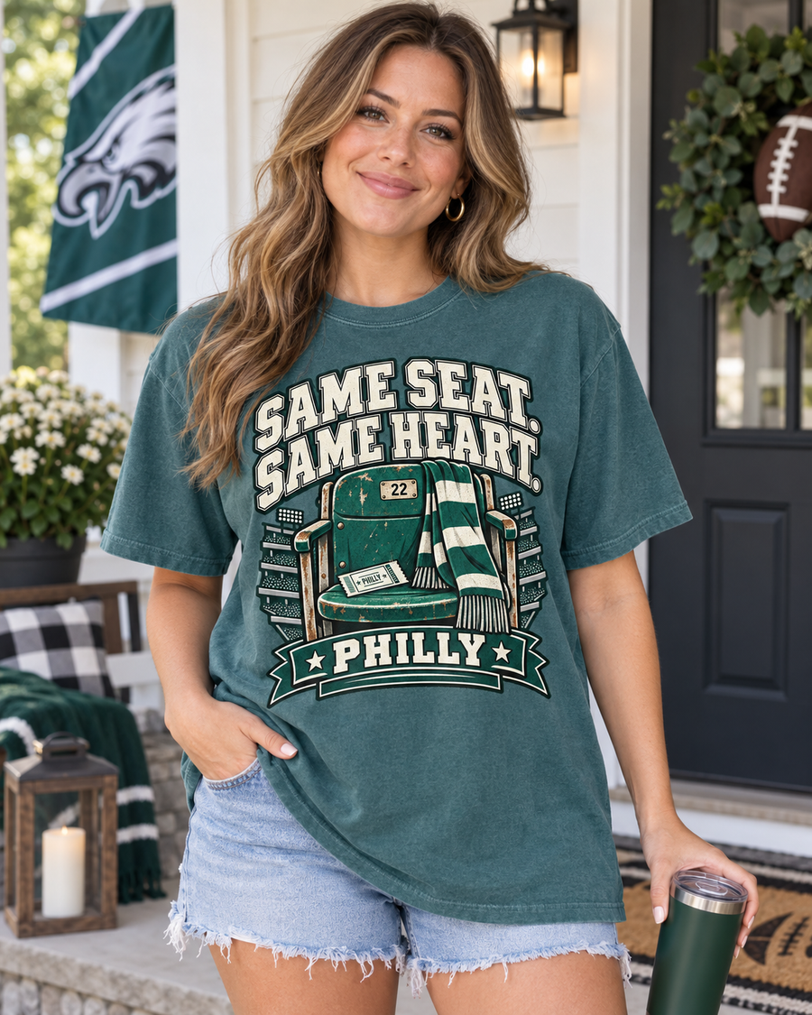 Same Seat Same Heart Philly Comfort Colors football T-shirt mockup 1