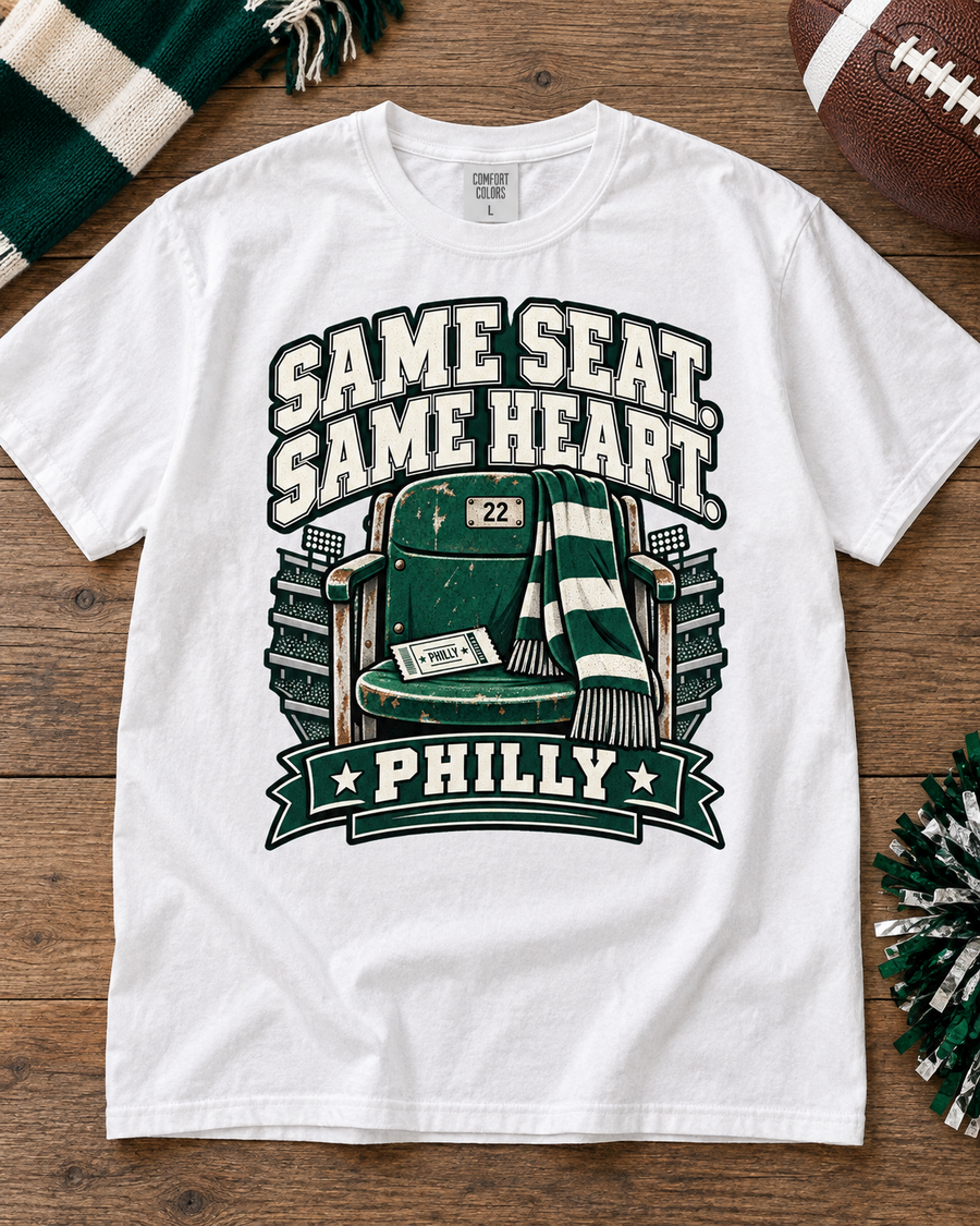 Same Seat Same Heart Philly Comfort Colors football T-shirt mockup 4