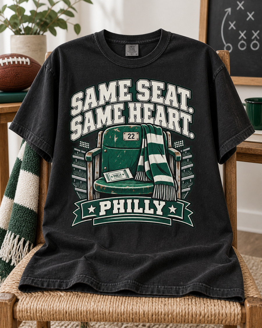 Same Seat Same Heart Philly Comfort Colors football T-shirt mockup 5