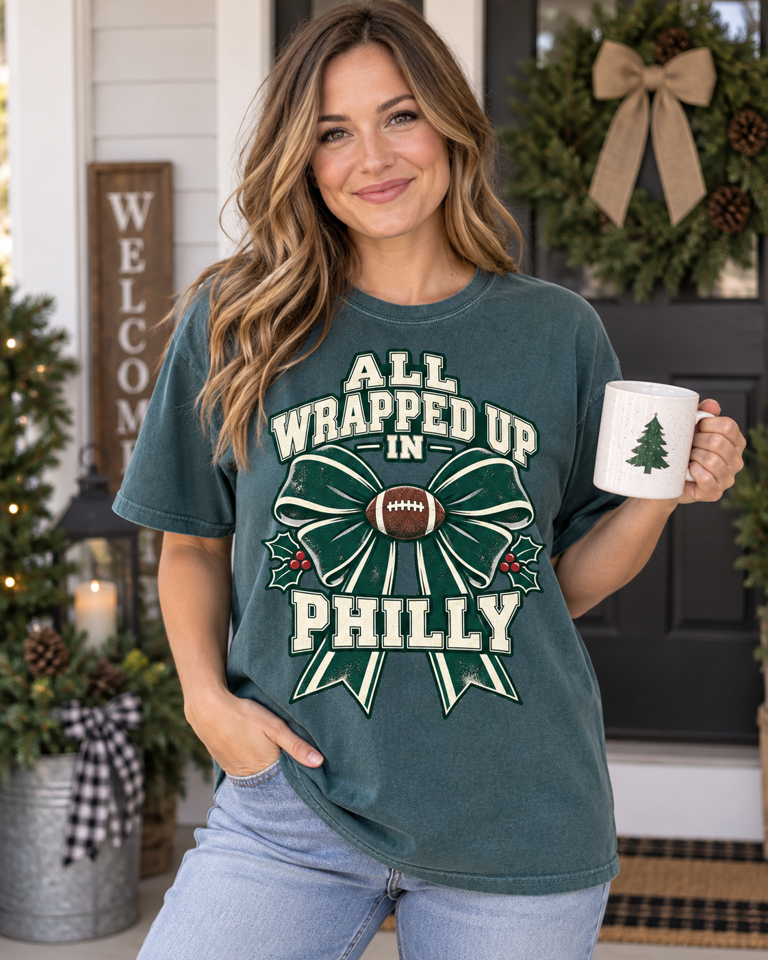All Wrapped Up in Philly Comfort Colors Christmas football T-shirt mockup 1