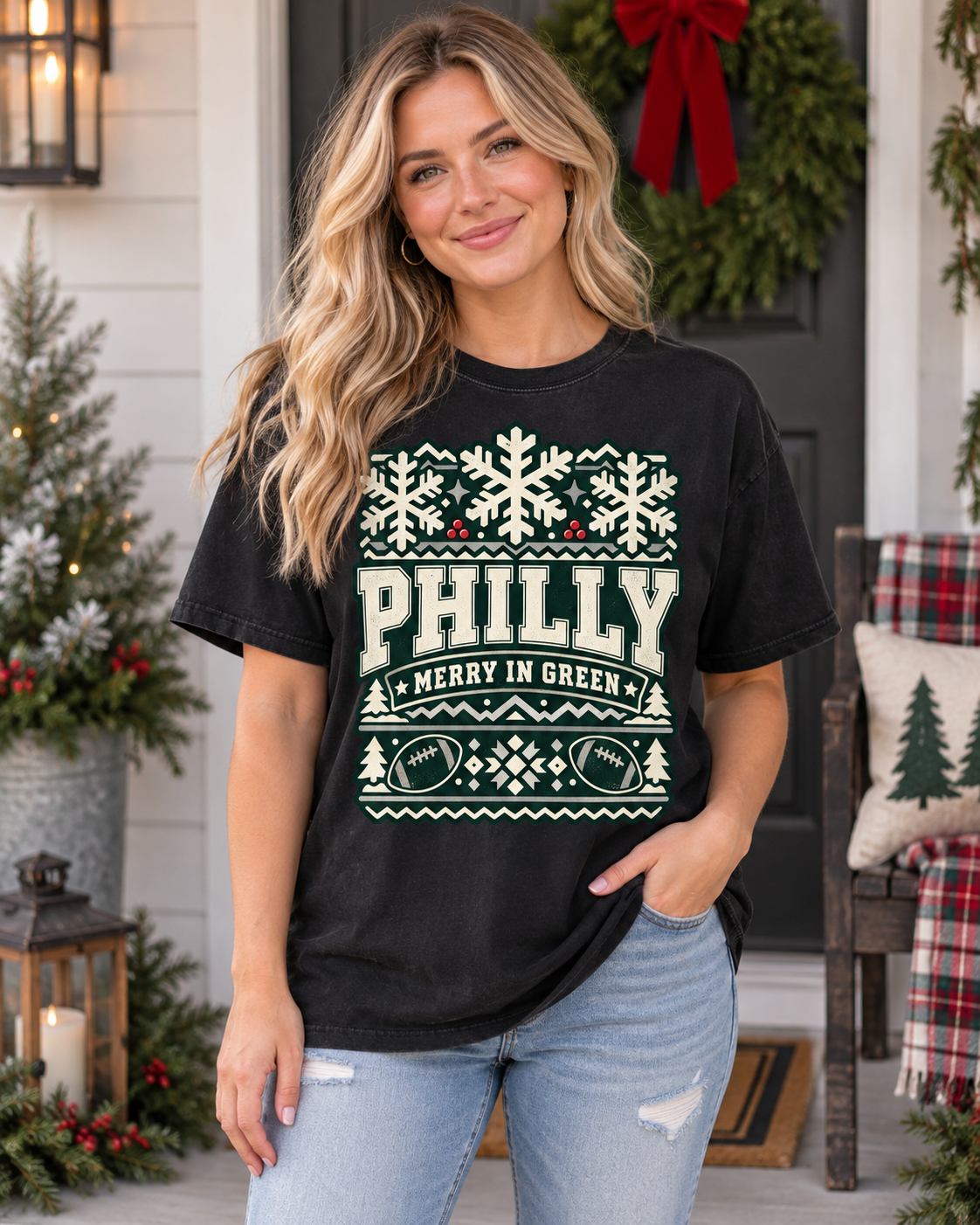 Philly Merry in Green Comfort Colors Christmas football T-shirt mockup 1