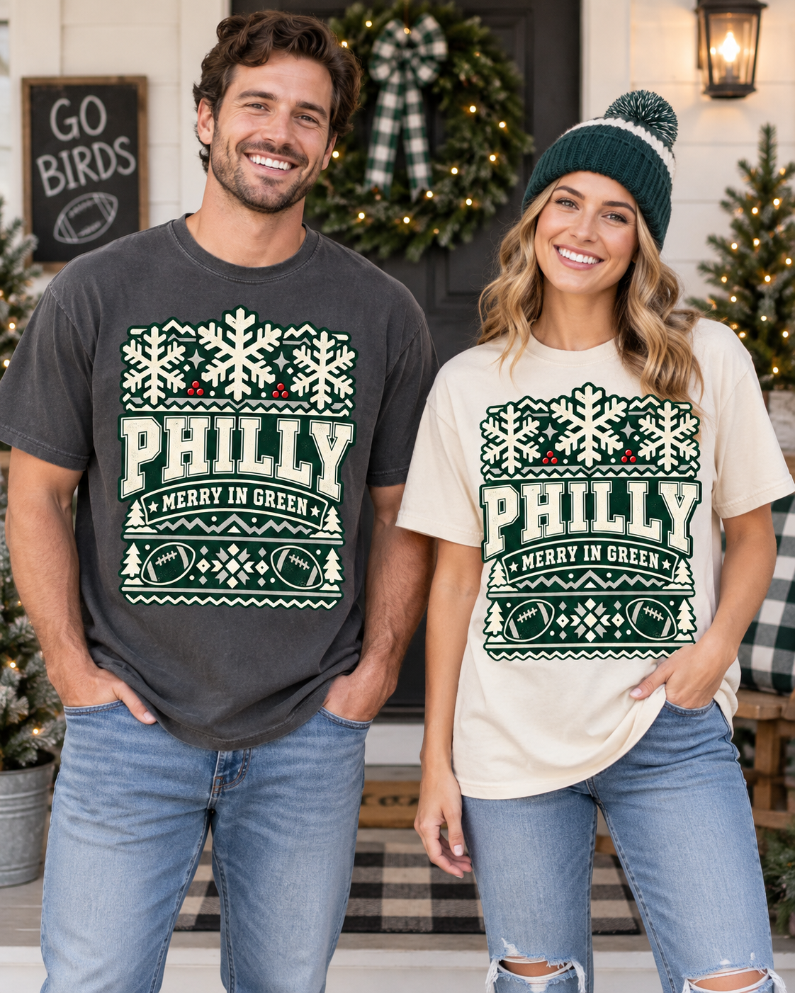 Philly Merry in Green Comfort Colors Christmas football T-shirt mockup 2
