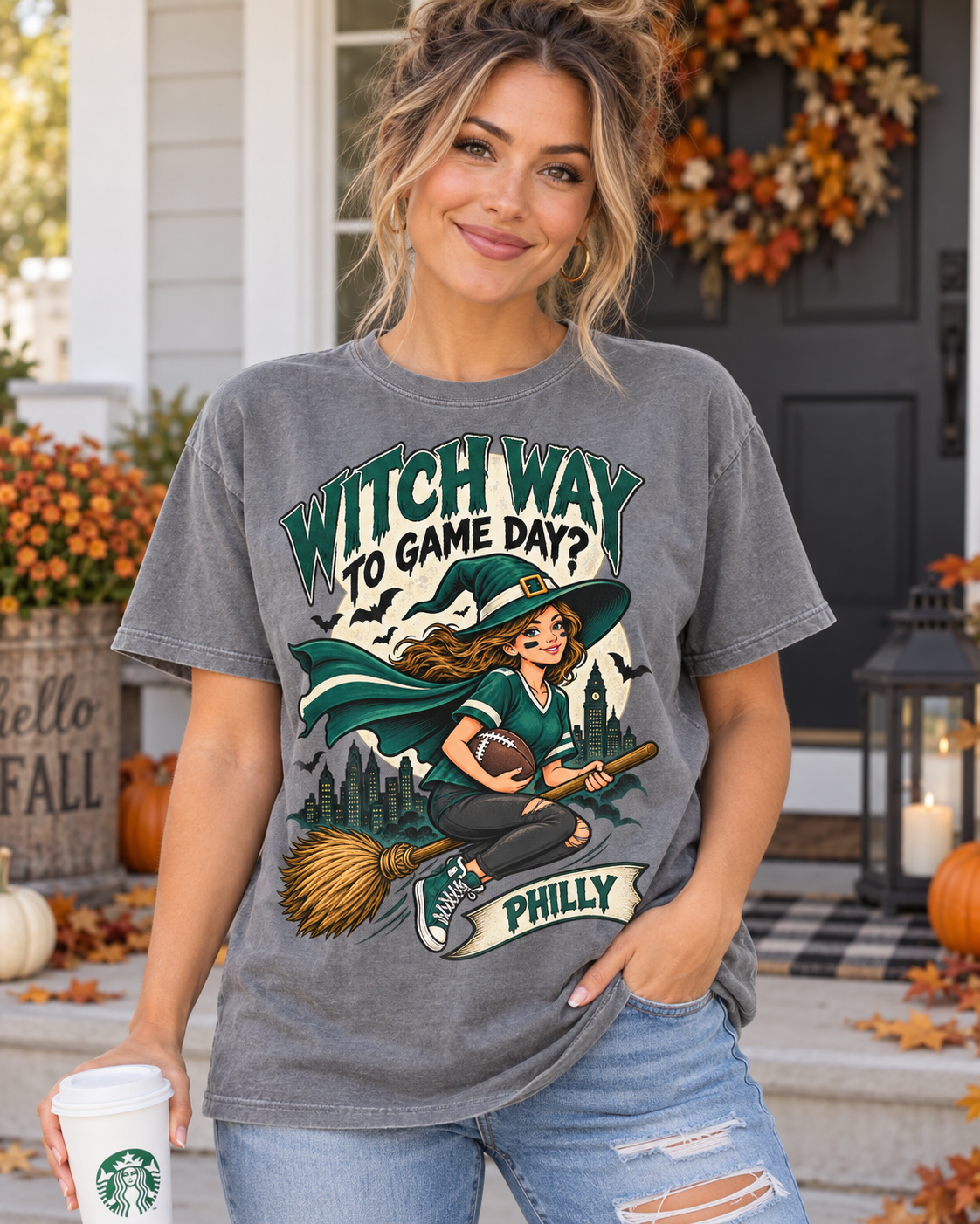 Witch Way to Game Day Philly Vintage Comfort Colors Halloween football T-shirt mockup 1