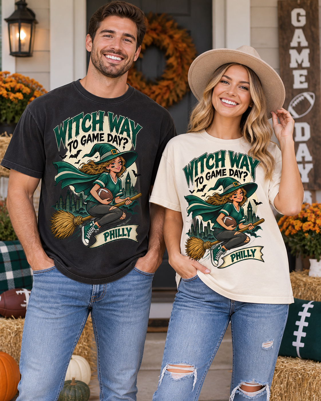 Witch Way to Game Day Philly Vintage Comfort Colors Halloween football T-shirt mockup 2