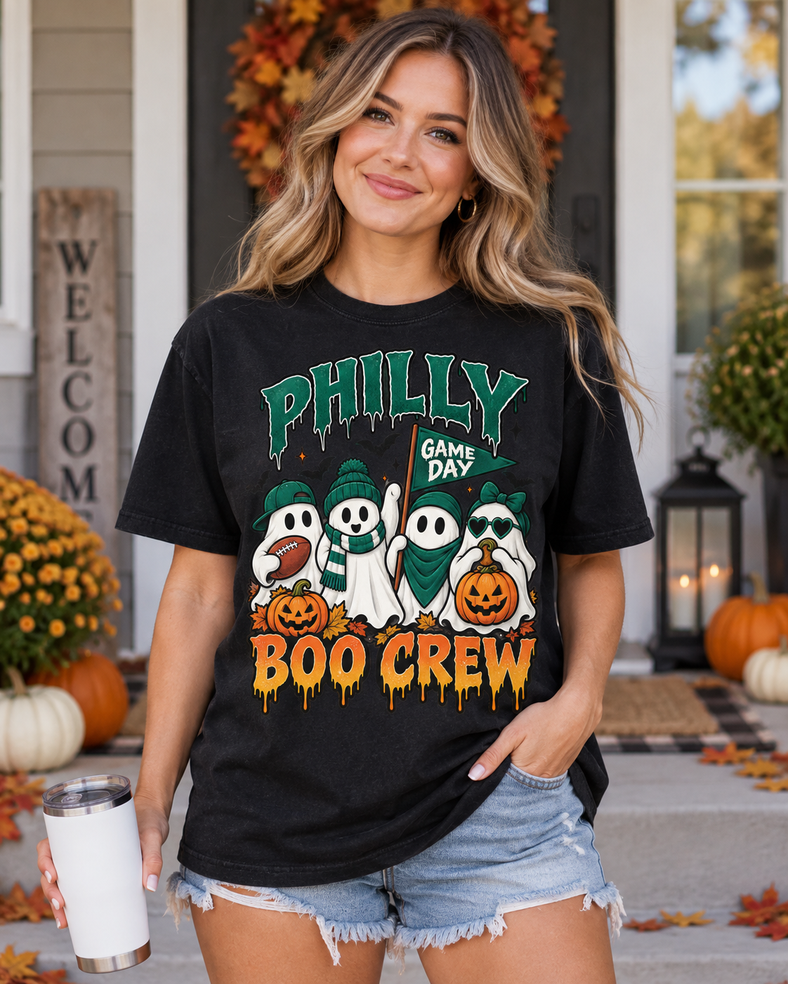 Philly Boo Crew Vintage Comfort Colors Halloween football T-shirt mockup 1
