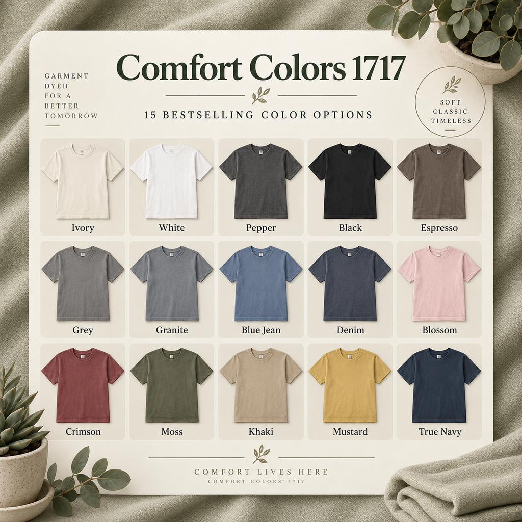 Comfort Colors 1717 color chart showing 15 bestselling shirt colors