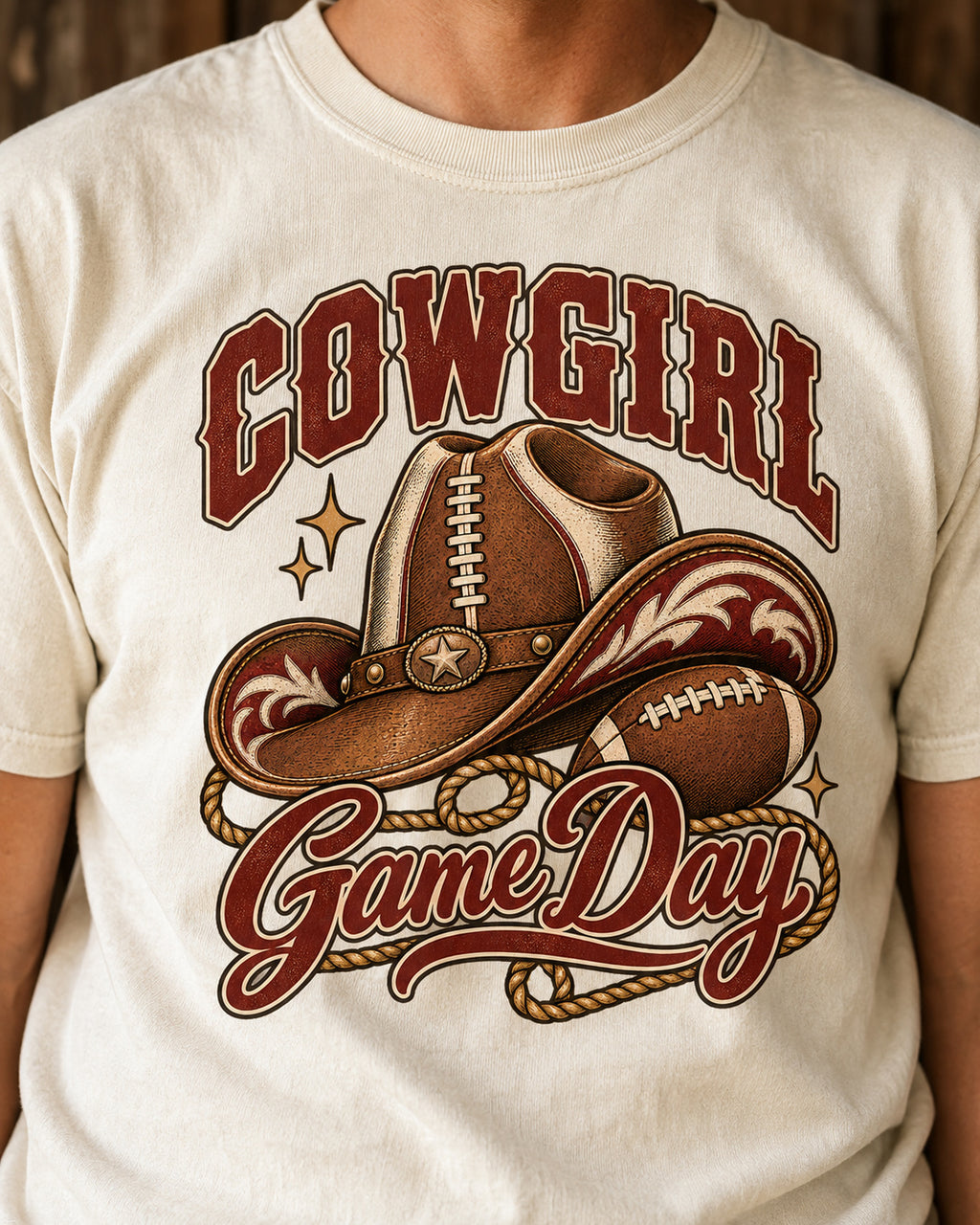 Cowgirl Game Day western football tee print and fabric close-up