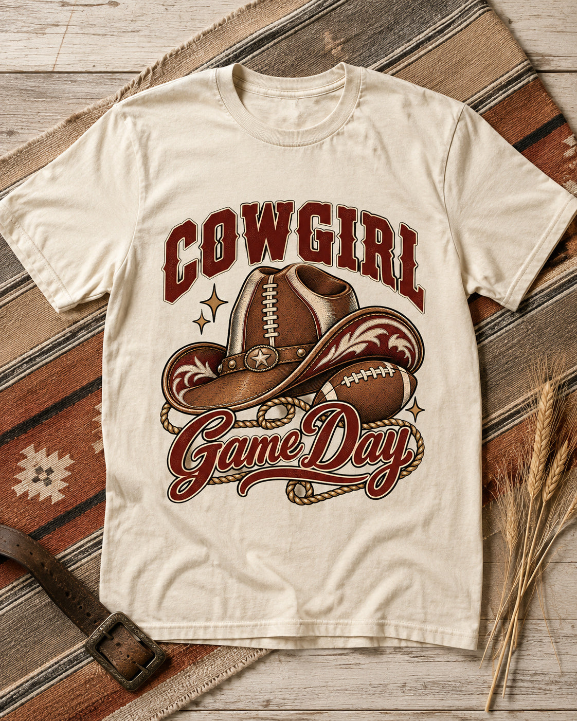 Cowgirl Game Day western football tee premium flat lay mockup