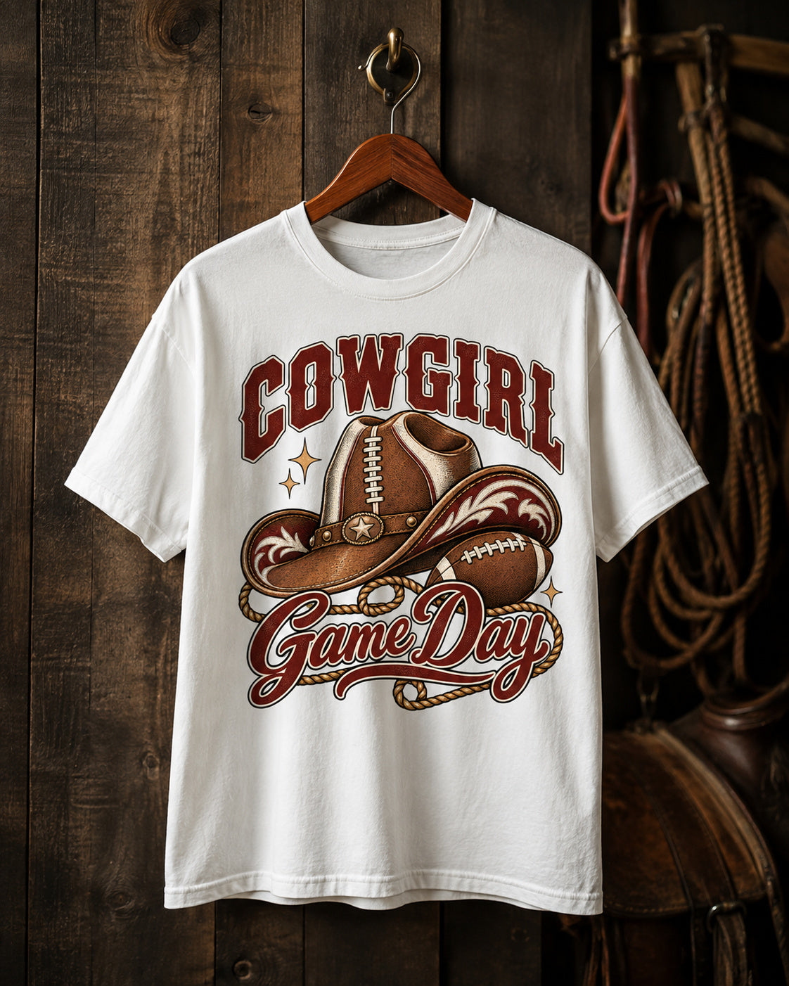 Cowgirl Game Day western football tee premium hanger display mockup