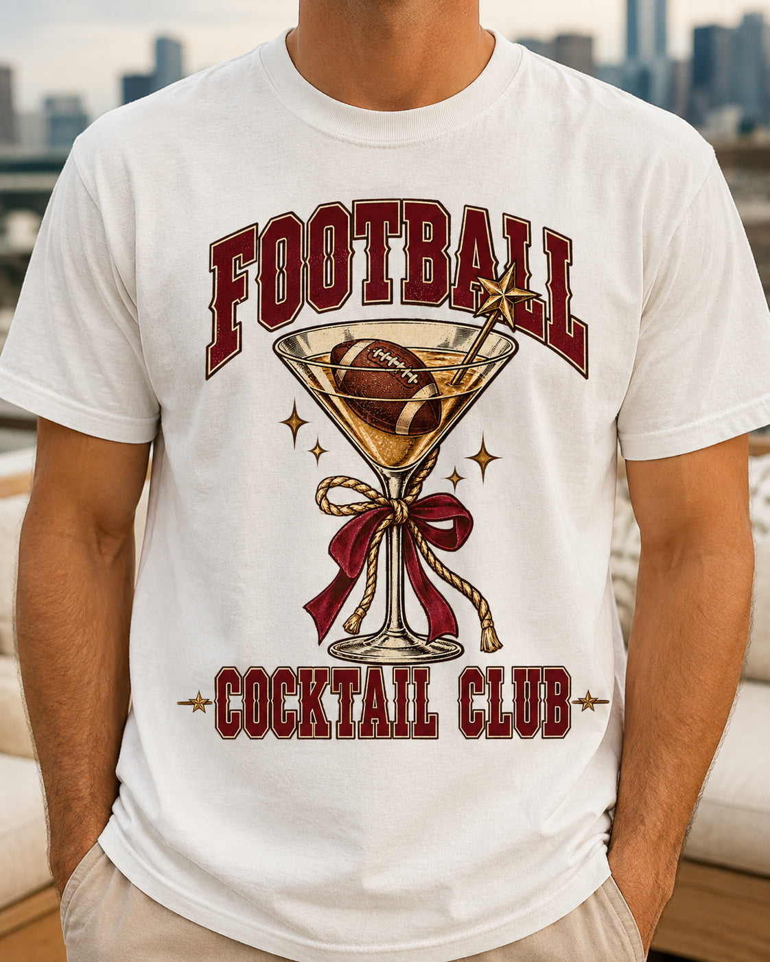 Football Cocktail Club graphic print close-up on Comfort Colors shirt