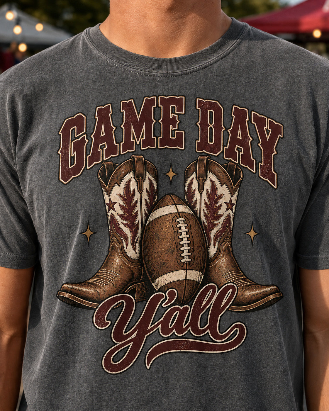 Game Day Y'all western football tee print and fabric close-up