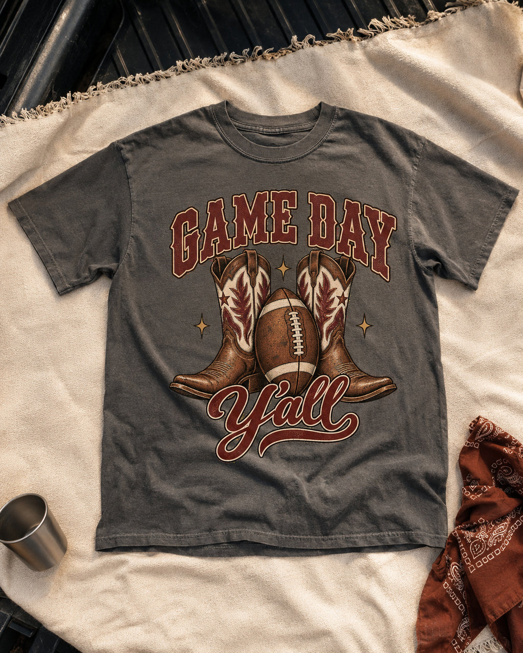 Game Day Y'all western football tee premium flat lay mockup