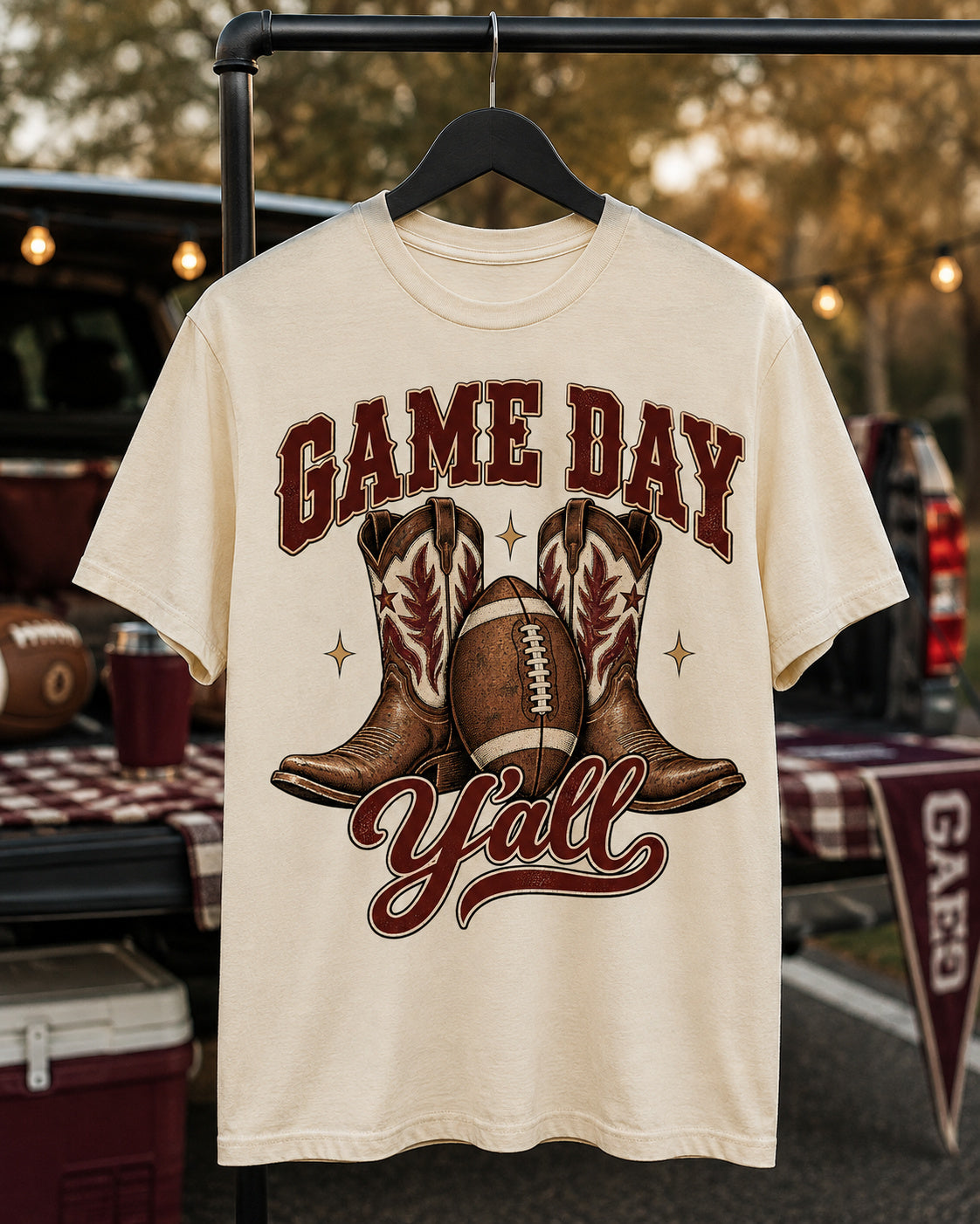 Game Day Y'all western football tee premium hanger display mockup
