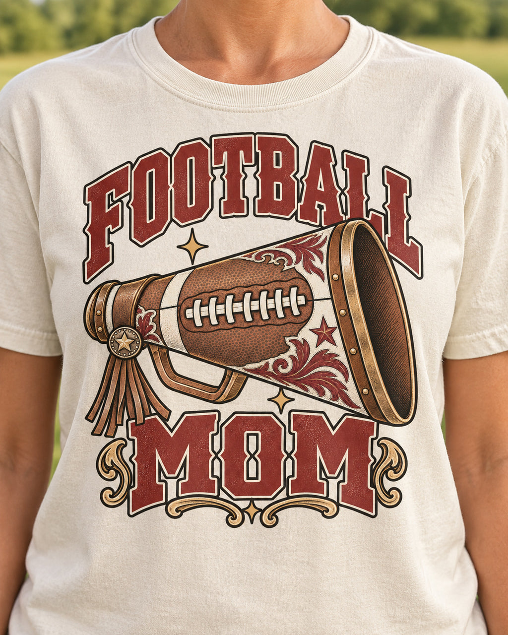 Football Mom graphic print close-up on Comfort Colors shirt