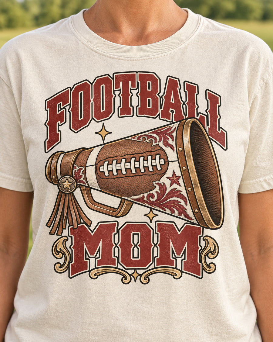 Football Mom graphic print close-up on Comfort Colors shirt