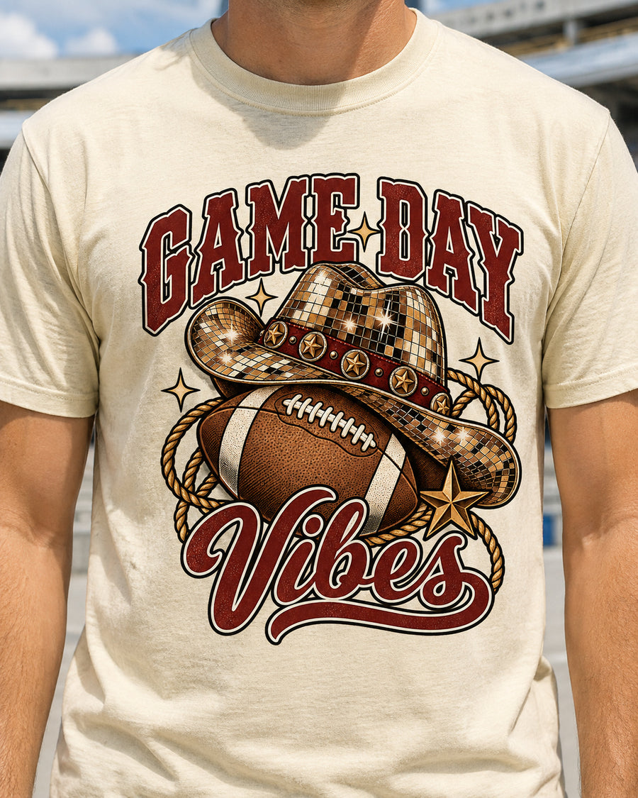 Game Day Vibes graphic print close-up on Comfort Colors shirt