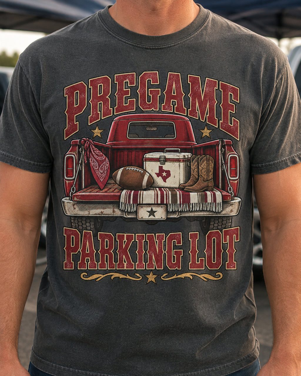 Pregame Parking Lot graphic print close-up on Comfort Colors shirt