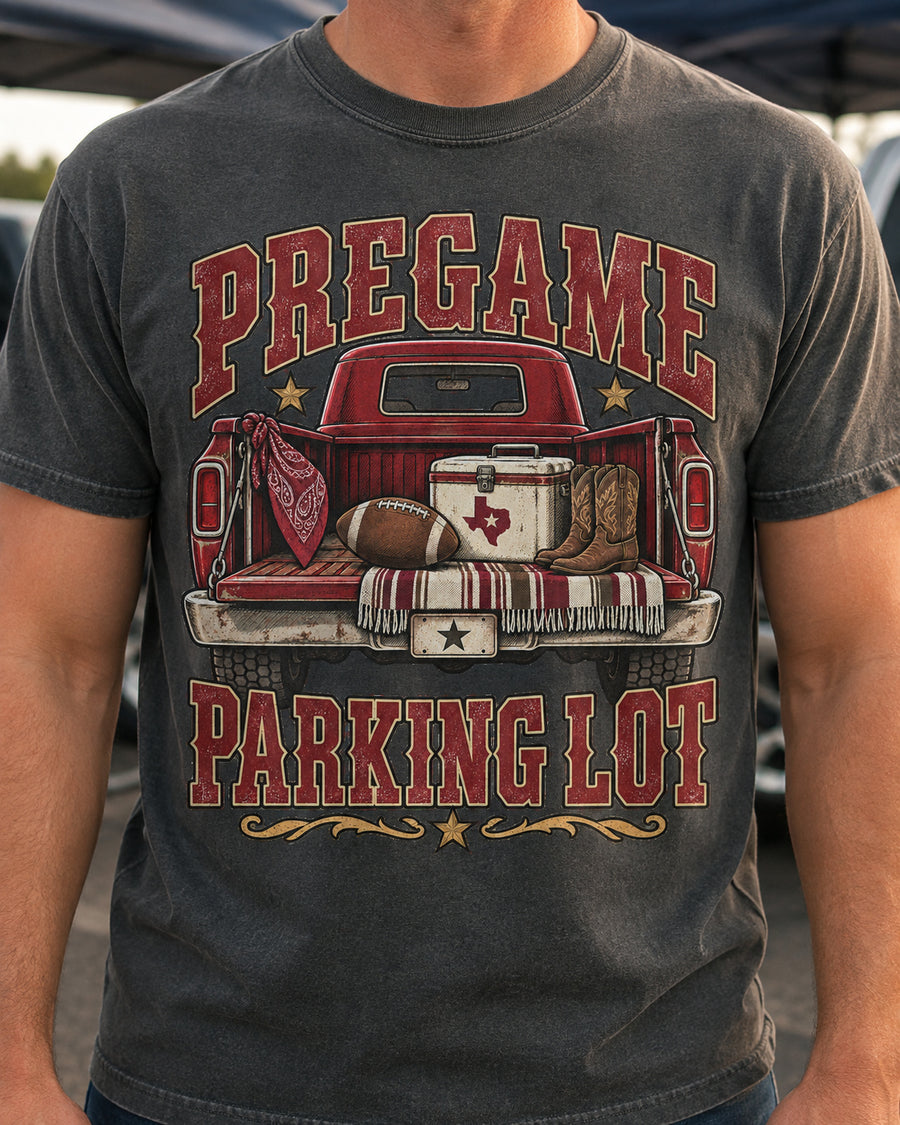 Pregame Parking Lot graphic print close-up on Comfort Colors shirt