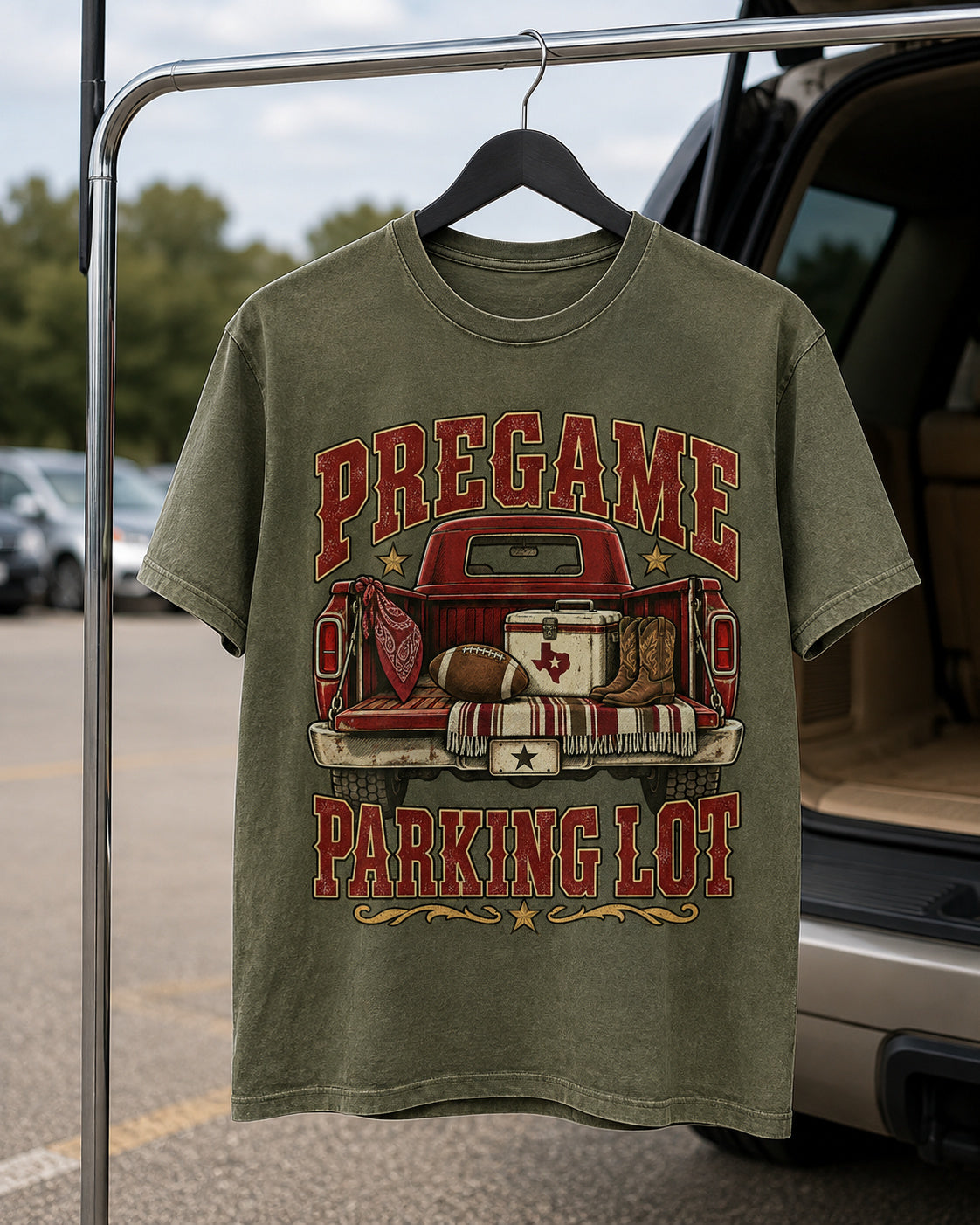 Pregame Parking Lot Comfort Colors T-shirt hanger mockup