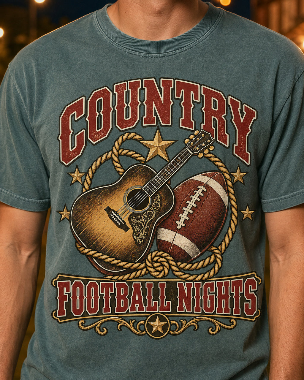 Country Football Nights western football tee print and fabric close-up