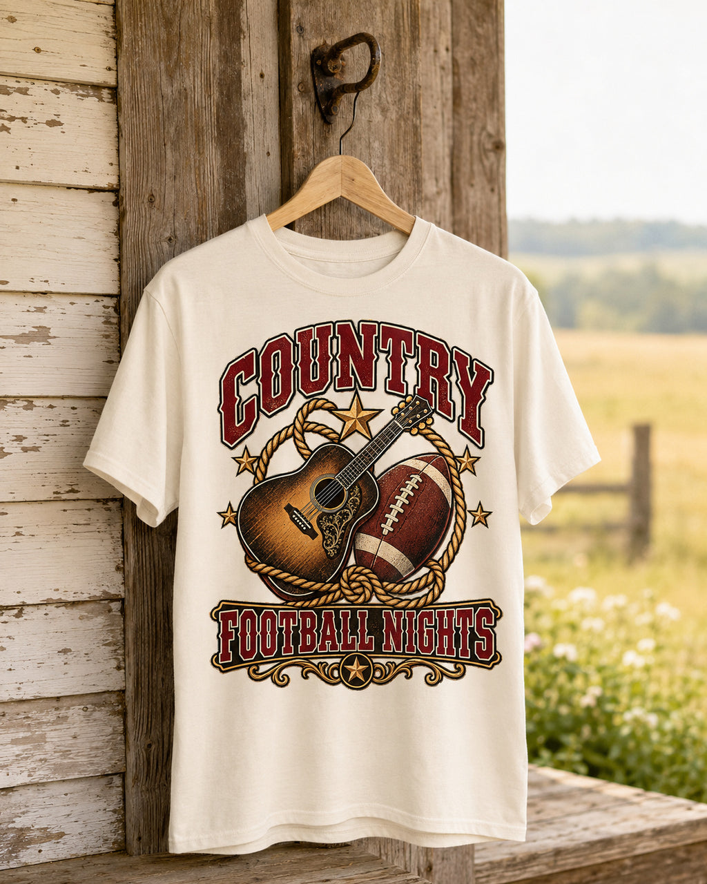 Country Football Nights western football tee premium hanger display mockup