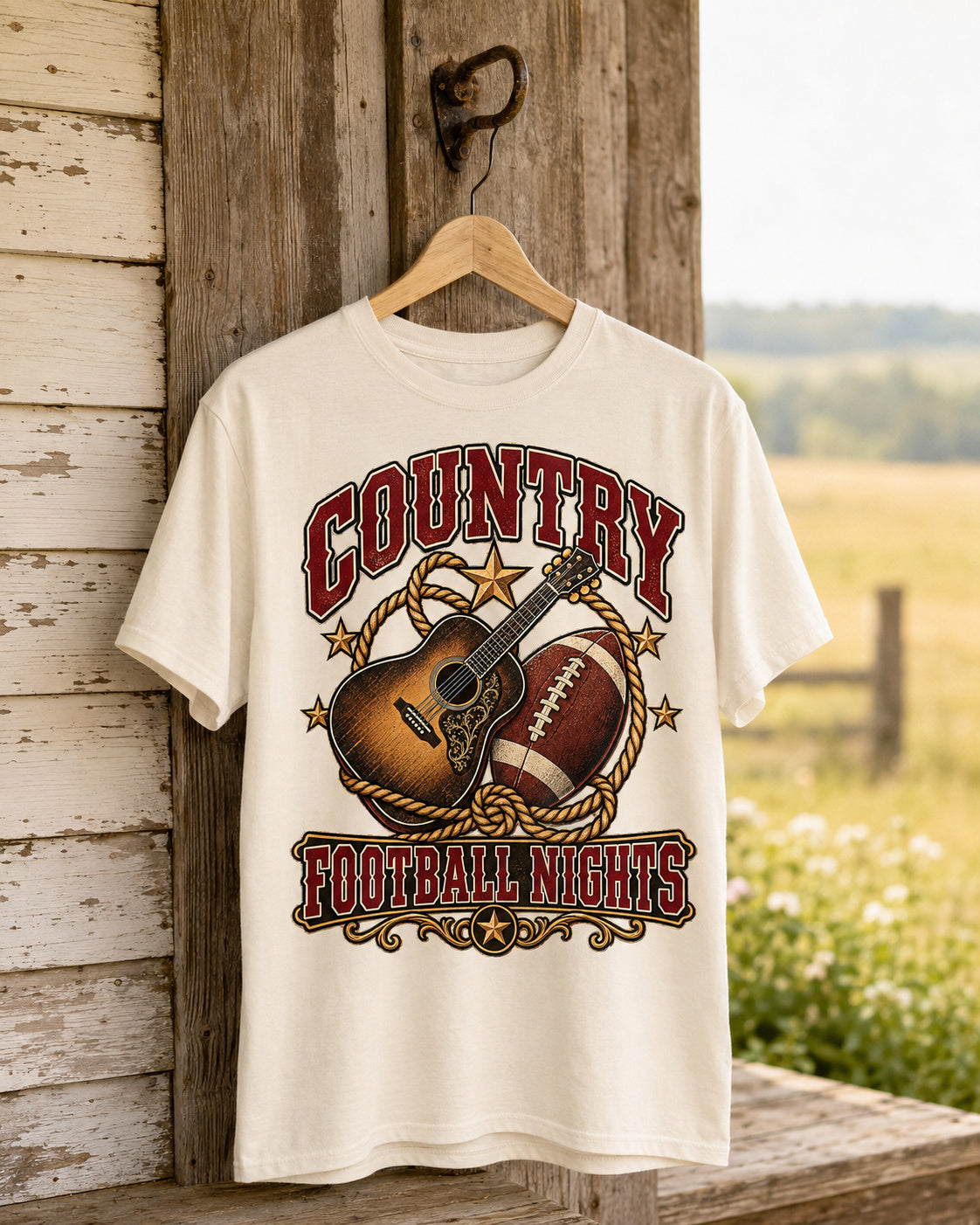 Country Football Nights western football tee premium hanger display mockup