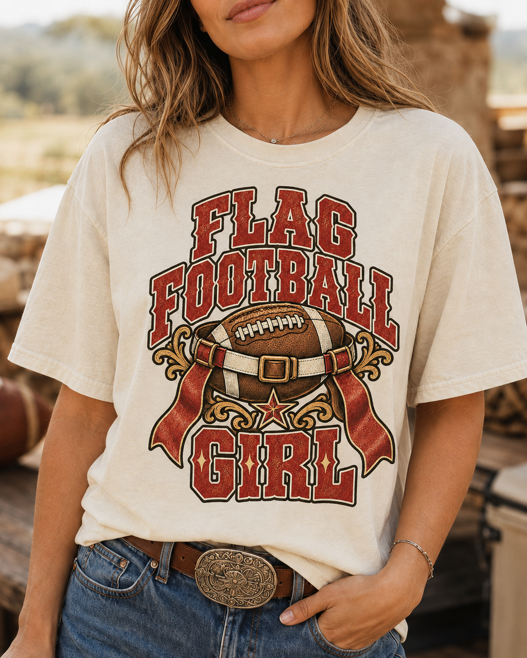 Flag Football Girl premium T-shirt graphic close-up