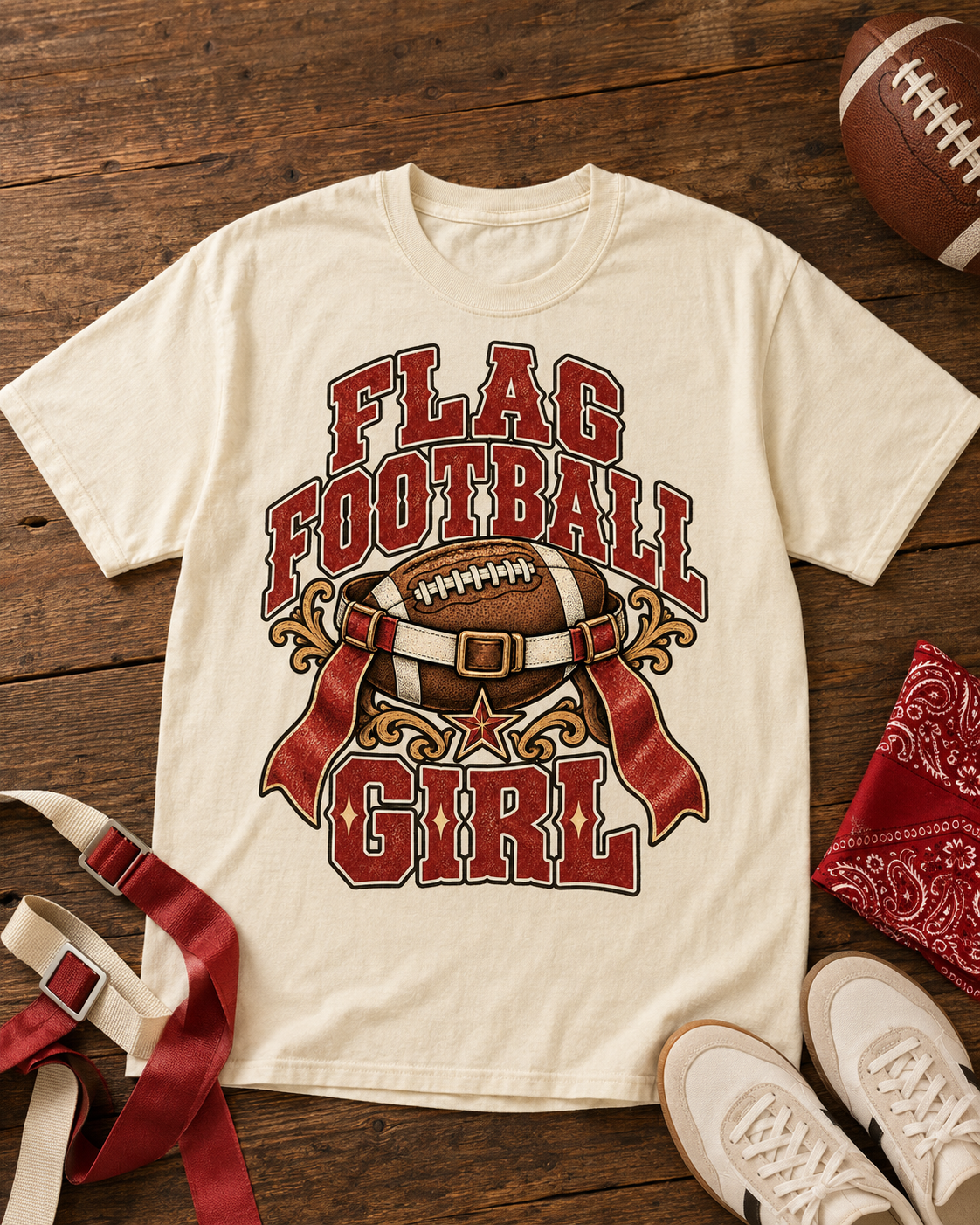 Flag Football Girl premium T-shirt flat lay mockup