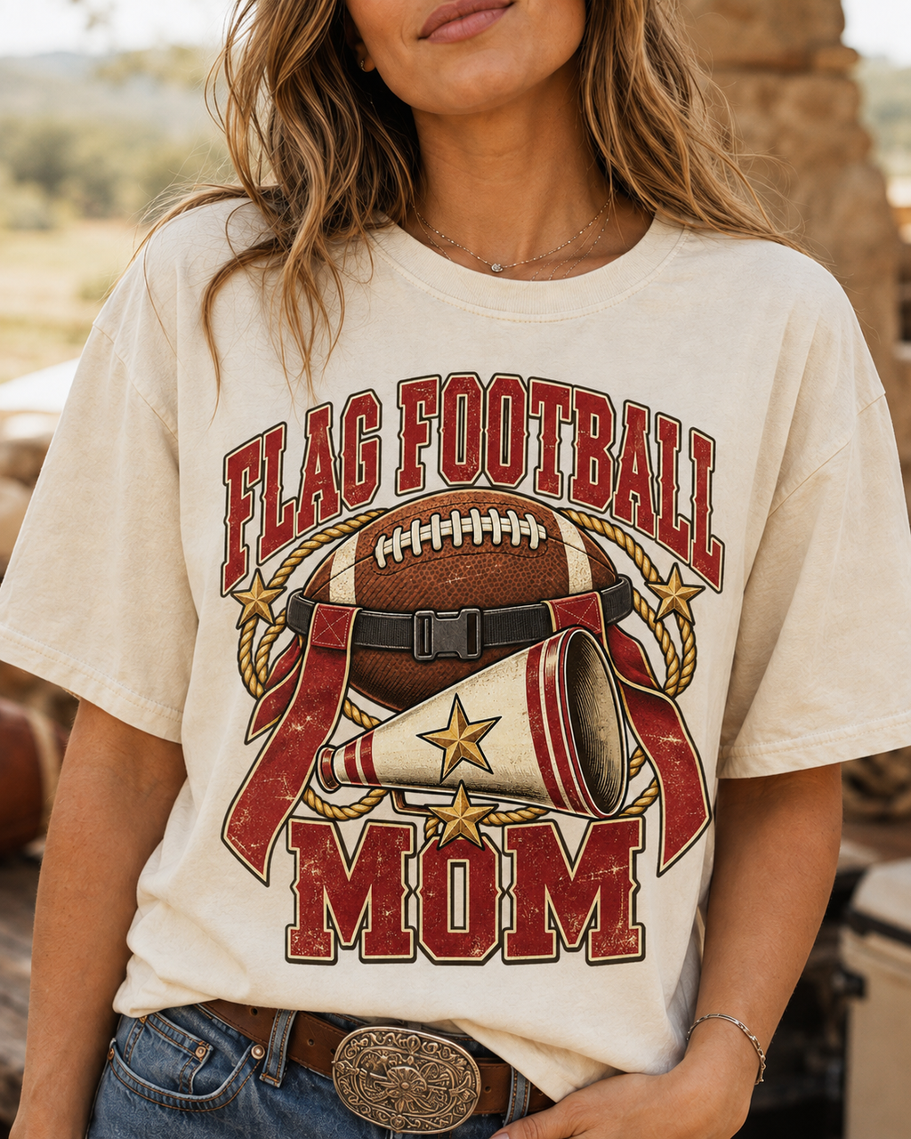 Flag Football Mom game day T-shirt graphic close-up