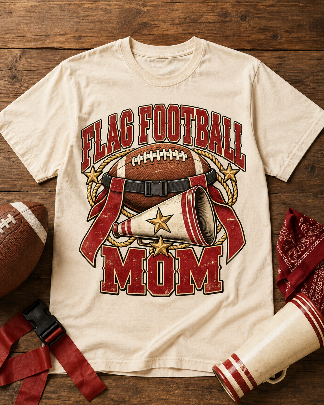 Flag Football Mom game day T-shirt flat lay mockup
