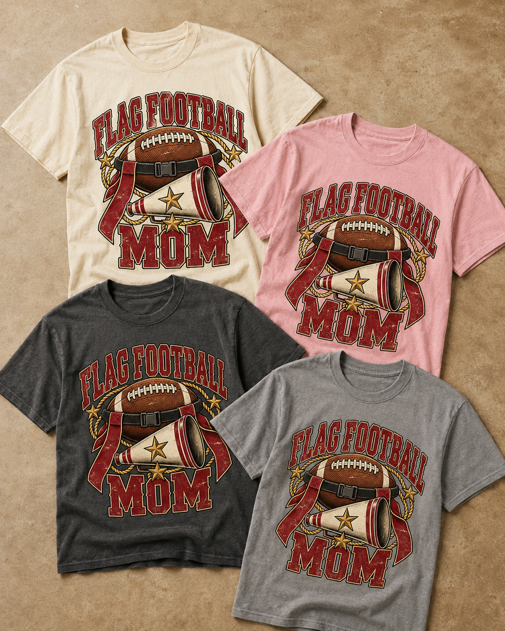 Flag Football Mom game day T-shirt featured color examples