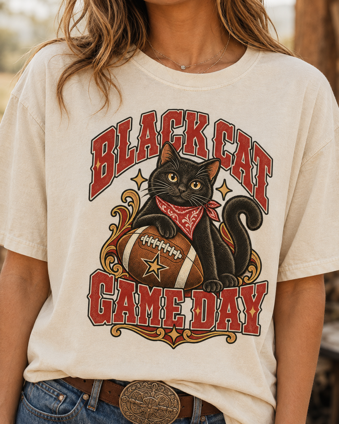 Black Cat Game Day football T-shirt graphic close-up