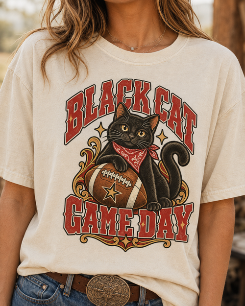 Black Cat Game Day football T-shirt graphic close-up
