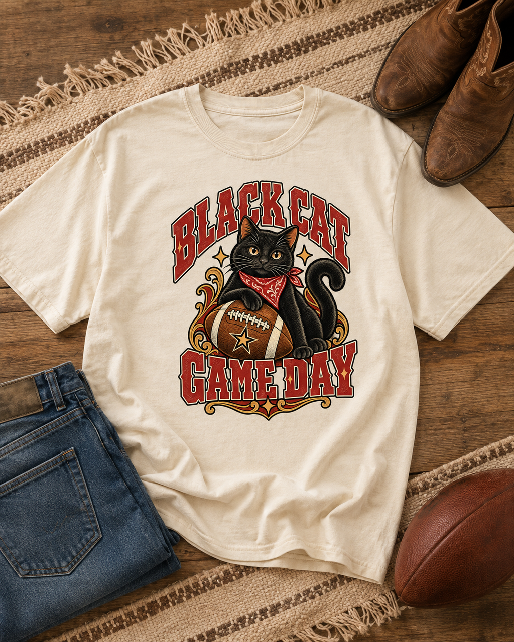 Black Cat Game Day football T-shirt flat lay mockup