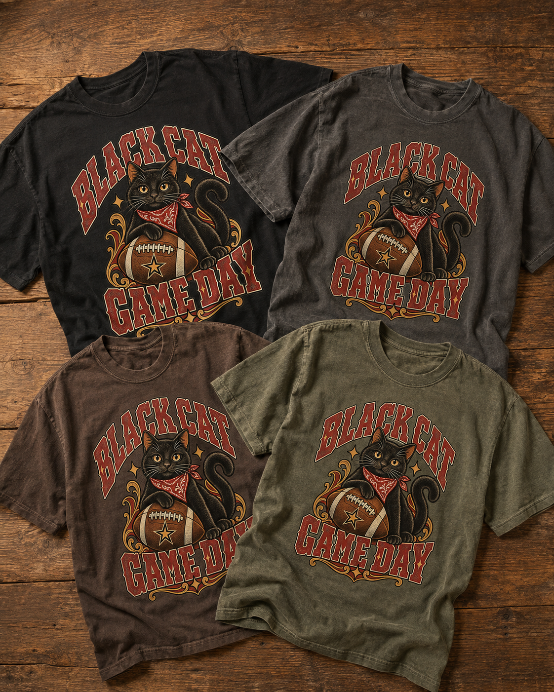 Black Cat Game Day football T-shirt featured color examples