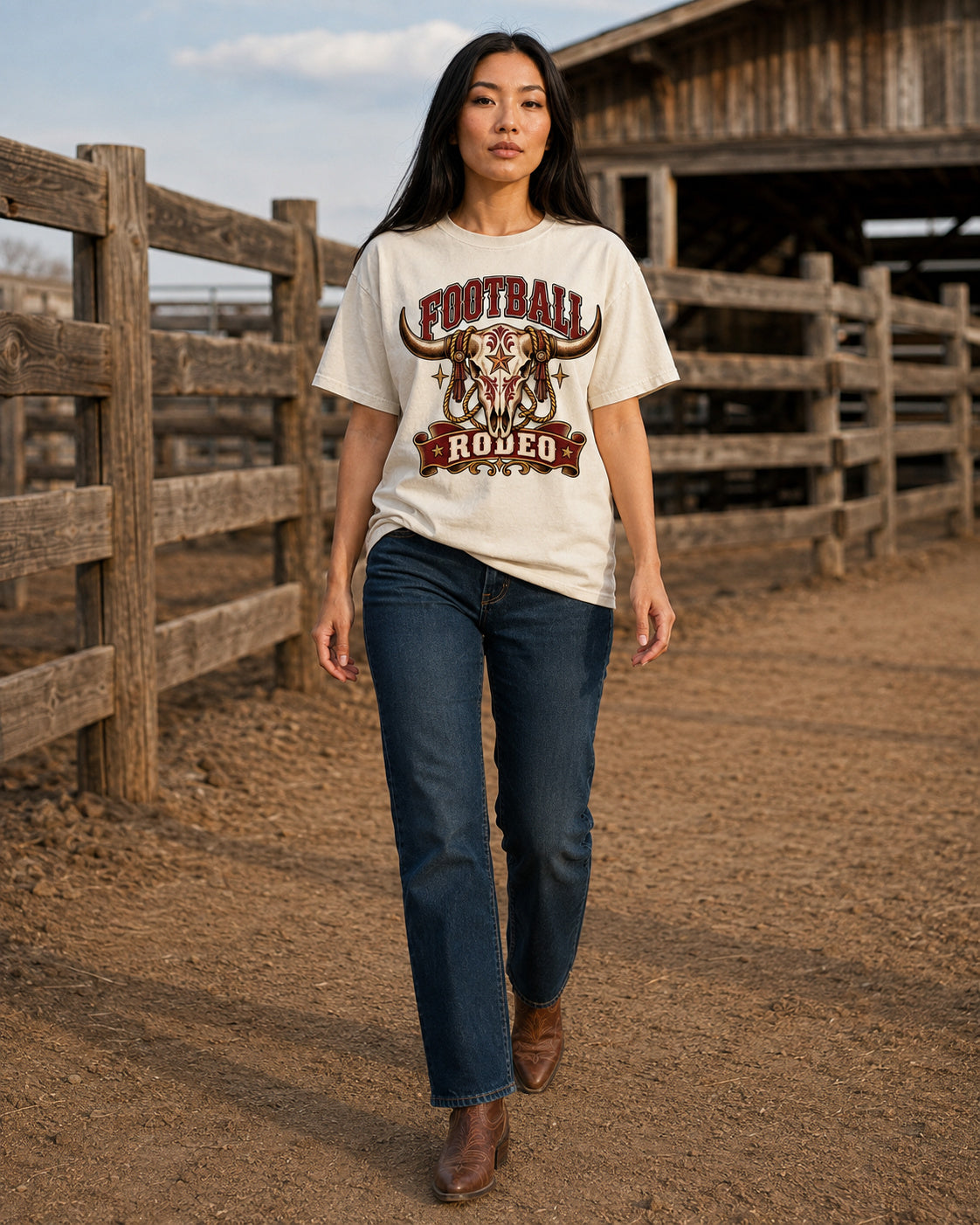 Football Rodeo western football tee full body outfit mockup