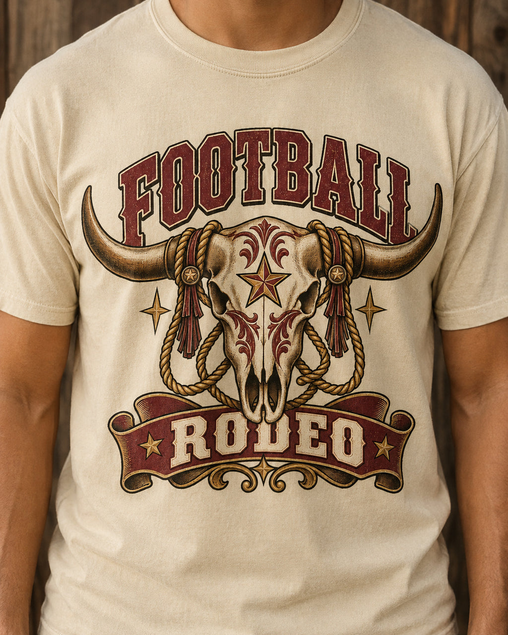 Football Rodeo western football tee print and fabric close-up