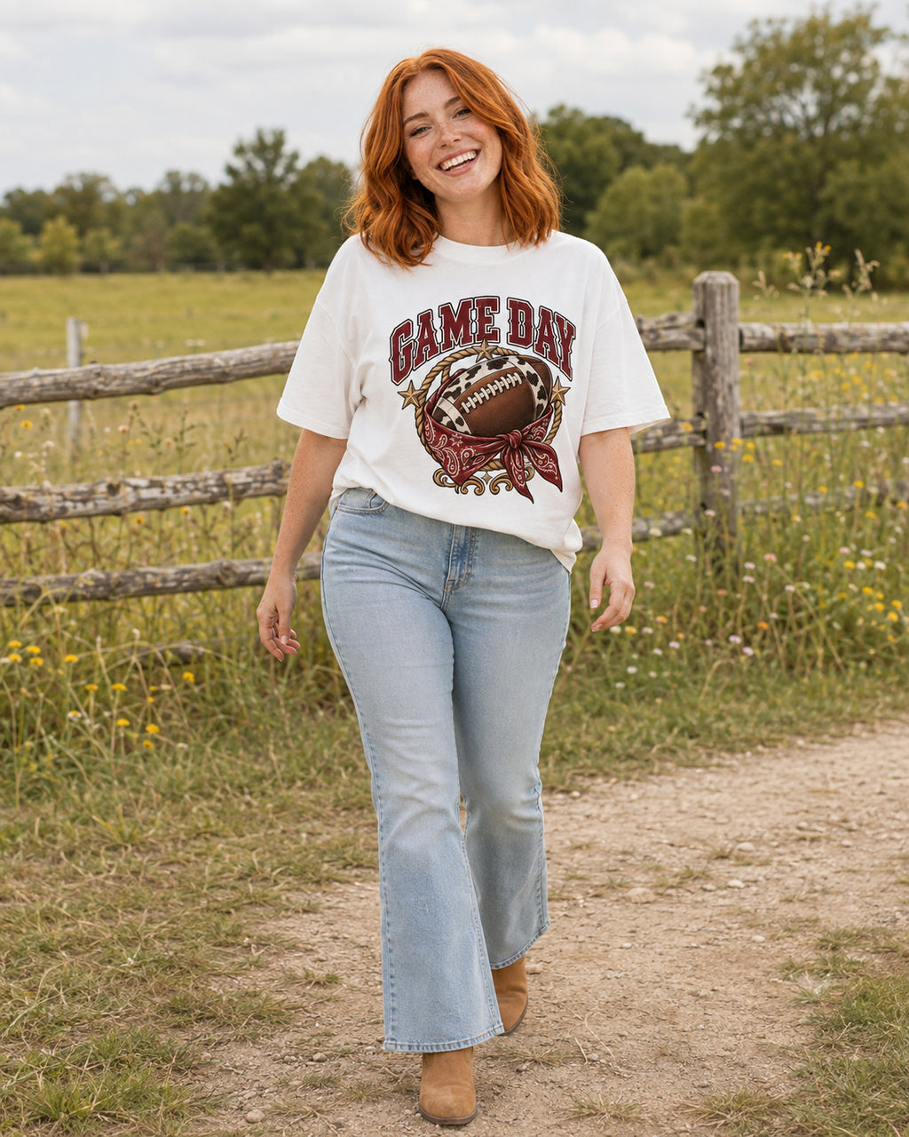 Game Day Cow Print Football western tee full body outfit mockup