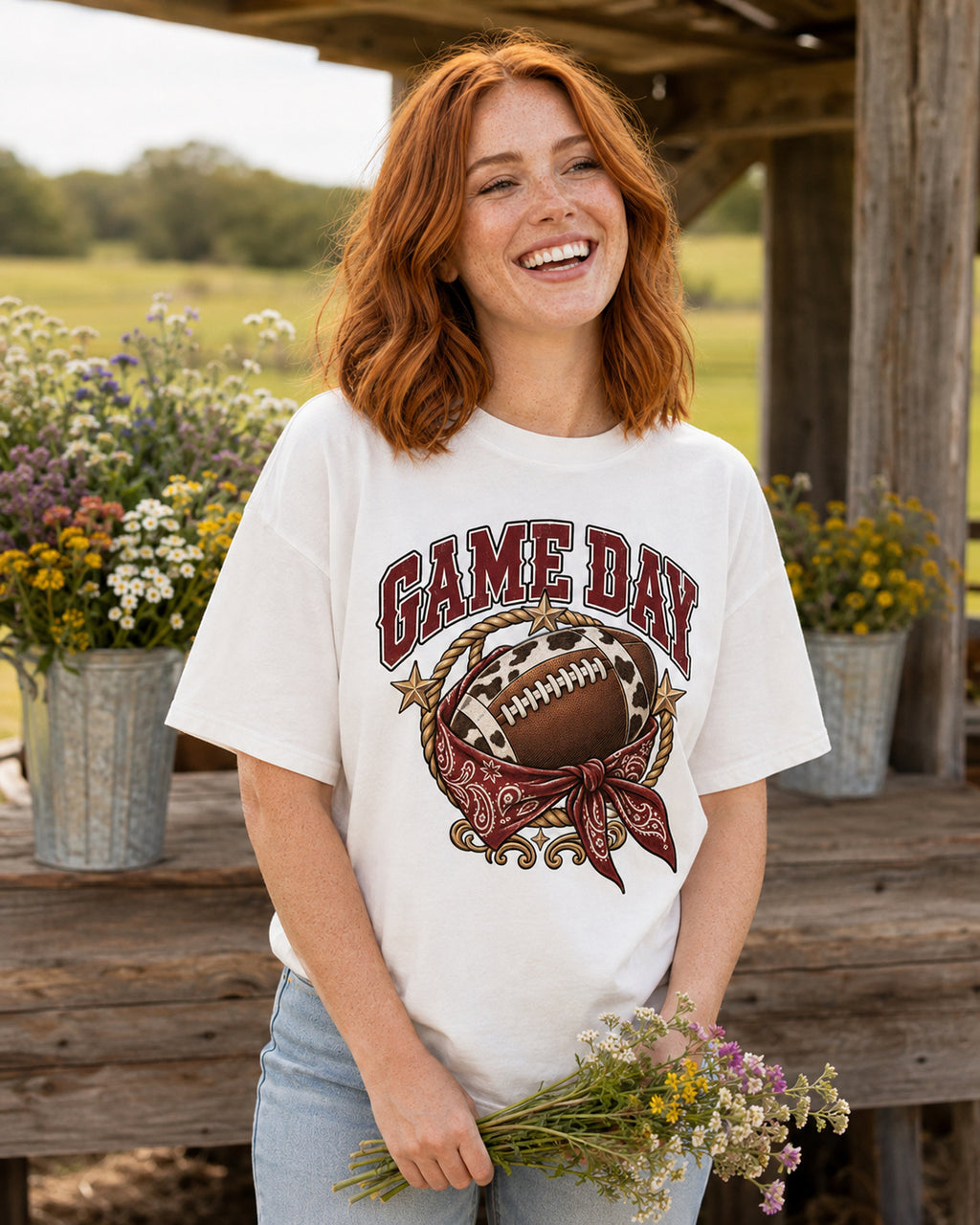 Game Day Cow Print Football western tee storytelling lifestyle mockup