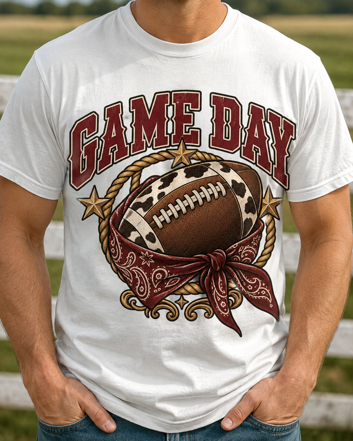 Game Day Cow Print Football western tee print and fabric close-up