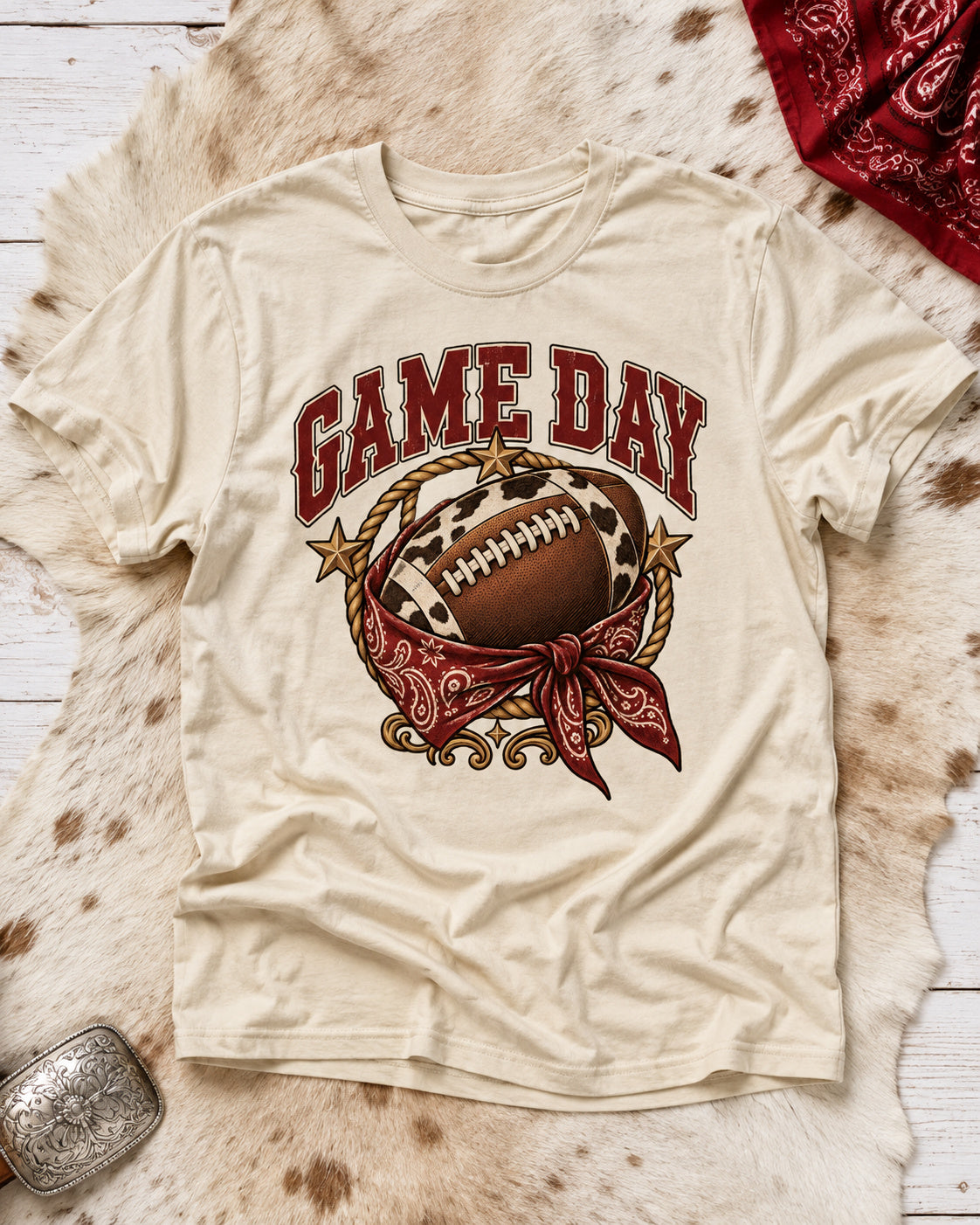 Game Day Cow Print Football western tee premium flat lay mockup