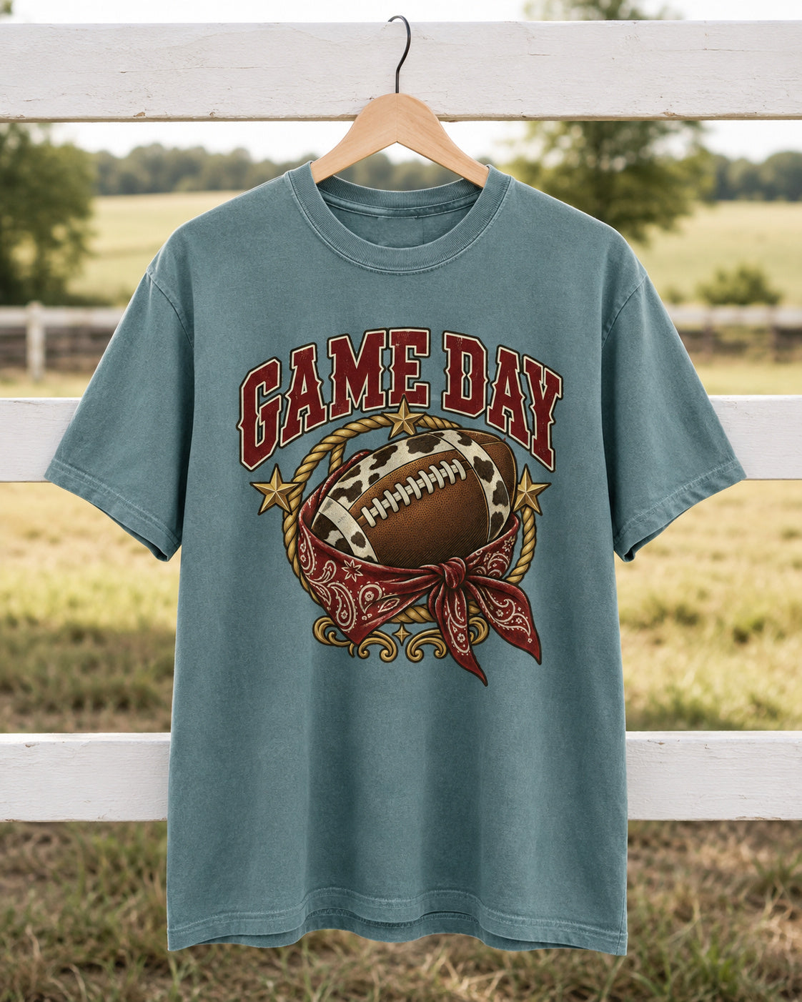 Game Day Cow Print Football western tee premium hanger display mockup