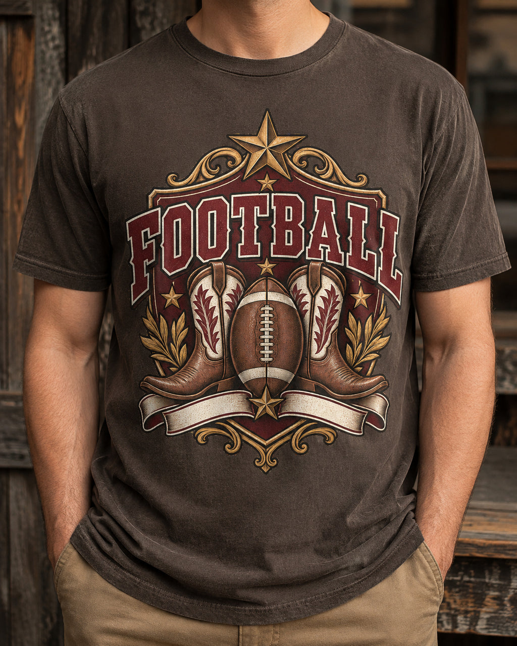 Football Western Crest graphic print close-up on Comfort Colors shirt