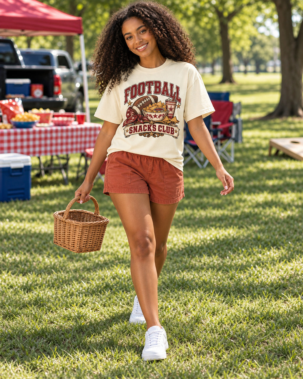 Football Snacks Club Comfort Colors T-shirt full body game day outfit mockup