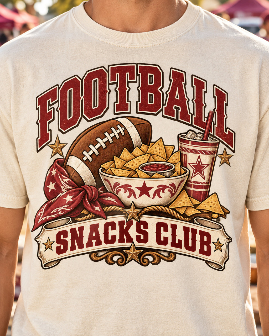 Football Snacks Club graphic print close-up on Comfort Colors shirt